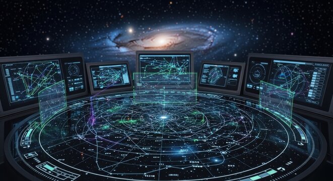 Futuristic Galactic Navigation Hub Displays Complex Star Chart Projection and Celestial Data Across Multiple Screens