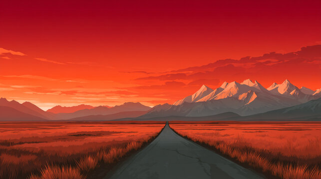 An empty road heads towards mountains at a fiery sunset.
