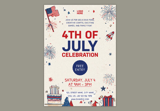 Editable 4th of July Independence Day Celebration Flyer Design with American Flag and Festive Elements on Beige Background.