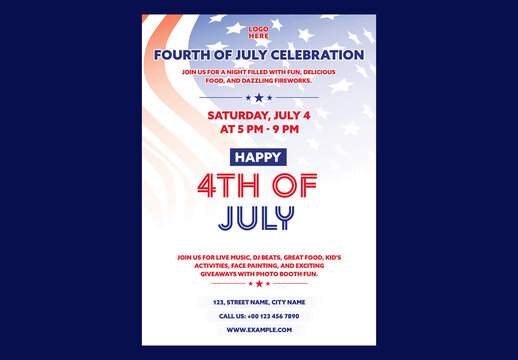 Editable Happy 4th of July Independence Day Celebration Flyer Design with American Flag Background.