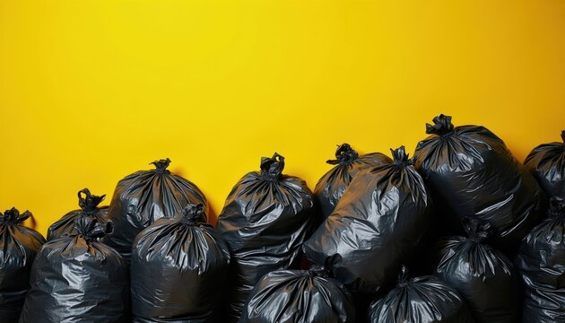 Pile of black garbage bags waits for disposal against bright yellow wall background. Waste management and collection concept for city cleanup operations.