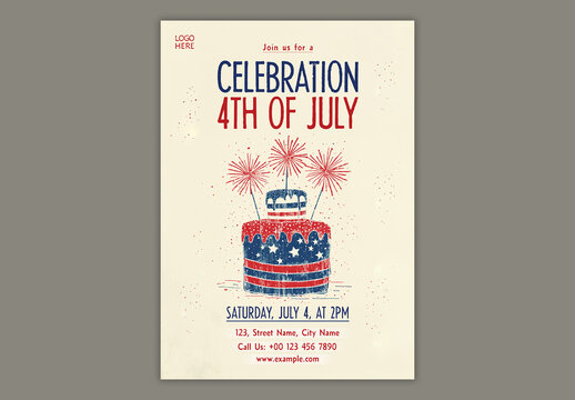 Editable 4th of July Independence Day Celebration Flyer Design with Patriotic Cake and Fireworks Theme.