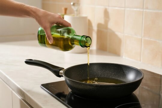 Pouring olive oil into a frying pan on an induction cooktop in a kitchen