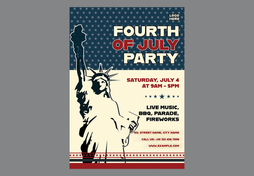 Editable Retro Style Happy 4th of July Independence Day Celebration Flyer Design with Statue of Liberty and American Flag Theme Background.