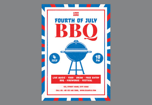 Editable 4th of July Independence Day BBQ Party Flyer Design with American Flag Color Theme.