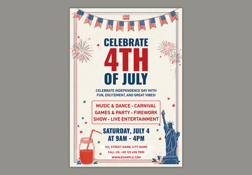 Editable Celebrate 4th of July Independence Day Flyer Design with Statue of Liberty Illustration and American Bunting Flags on Off White Background.