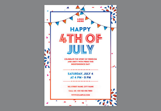 Editable Happy 4th of July Independence Day Celebration Flyer Design with Bunting Flags on White Background.