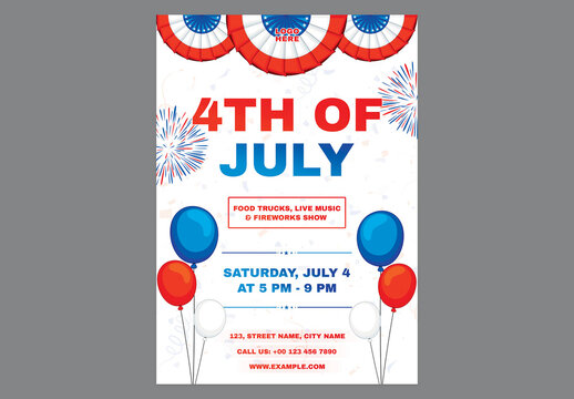 Editable Happy 4th of July Independence Day Celebration Flyer Design with Festive Elements on White Background.