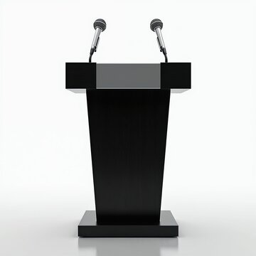 Modern black podium with two microphones. Ready for public speaking, debate, presentation or announcement event. Professional clean stage equipment for discourse.