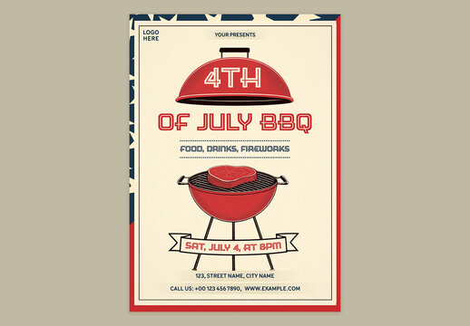 Editable Retro Style 4th of July Independence Day BBQ Party Flyer Design with Event Details.