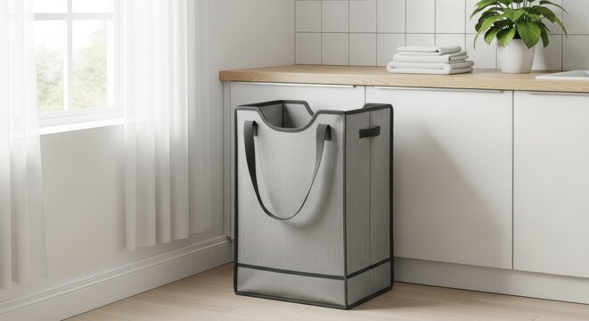 Collapsible gray fabric laundry basket with handles, designed for space-saving home storage and organization