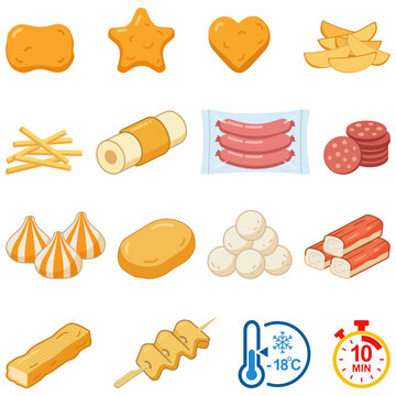Comprehensive frozen food icon set featuring nuggets sausages fish balls and cooking instruction utility symbols