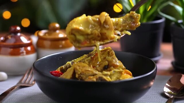 Chicken Curry served in restaurant style plating in closeup. Perfect chicken, curry and dish visuals with rich gravy texture and premium presentation.