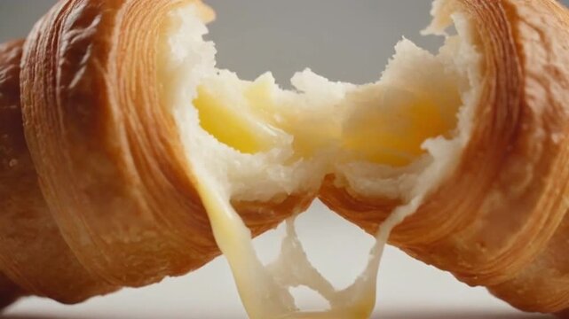 Close-up cinematic video of a croissant being gently torn open and revealing soft honeycomb look like interior with melting butter pooling between layers