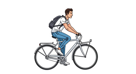 Obraz premium Young Man Riding Bicycle with Backpack, Urban Commute
