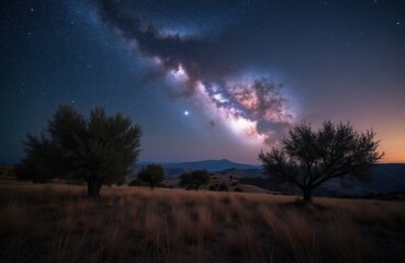 Fototapeta premium Night view of olive grove with dry grass field under starry sky. Milky Way galaxy arches over distant hills. Deep space and cosmic clouds glow.