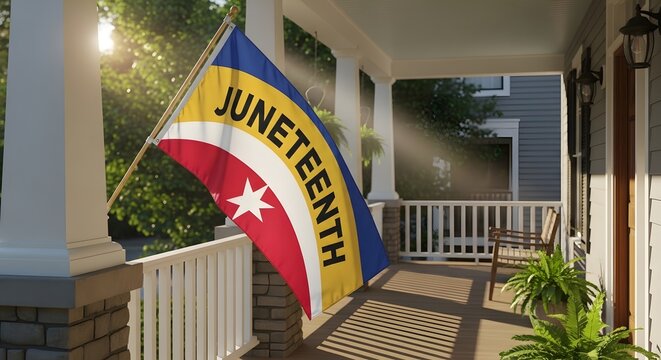 Juneteenth Day celebration on a house porch with flag hanging