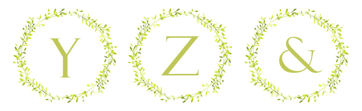 Watercolor green leaf wreath monogram set with letters Y Z AND, elegant botanical alphabet elements for wedding invitations, branding,  design and decorative templates