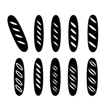Collection of Black and White Baguette Bread Icons, Vector Set
