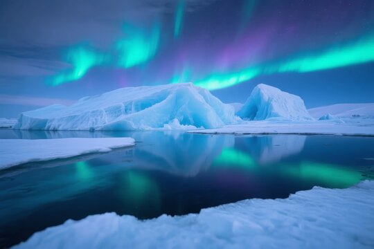 Aurora borealis illuminates icy landscape with glowing green and purple hues over floating icebergs and reflective water
