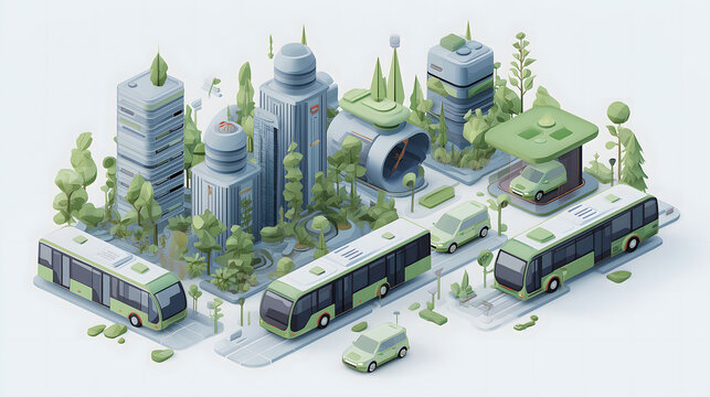 A miniature isometric view of a sustainable city with green electric buses and cars driving through streets lined with trees and modern eco friendly buildings against a white background