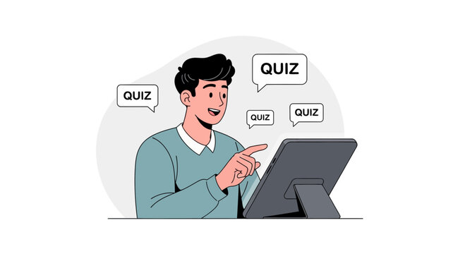 Man taking online quiz on tablet, surrounded by quiz bubbles, online education concept
