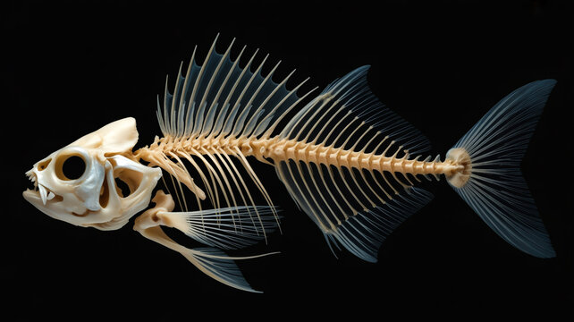 A digital illustration of a detailed fish skeleton on a dark background