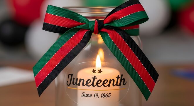 Juneteenth Day celebration with a lit candle and ribbon in a jar