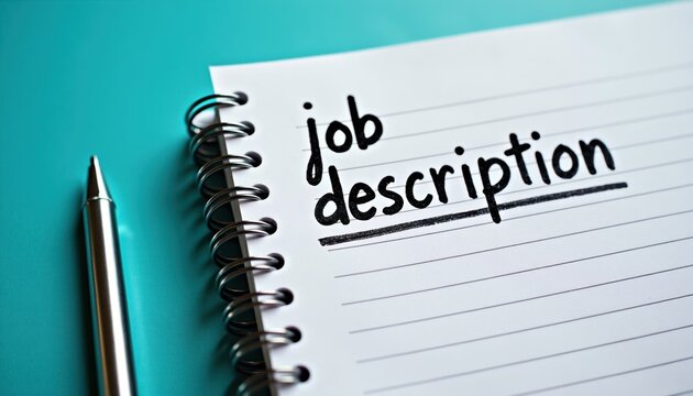 Handwritten job description on lined paper with silver pen on teal desk. Planning hiring process, creating career role details for new employee.