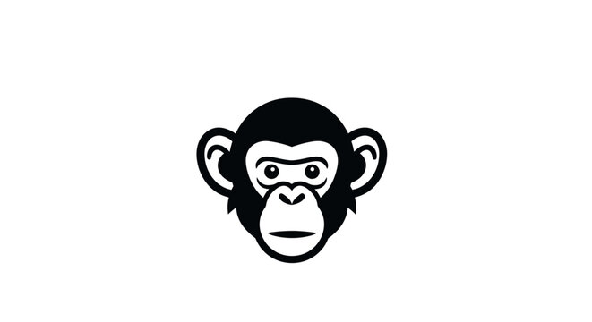 Minimalist Monkey Face Icon, Simple Chimpanzee Head Logo, Black and White Vector Art