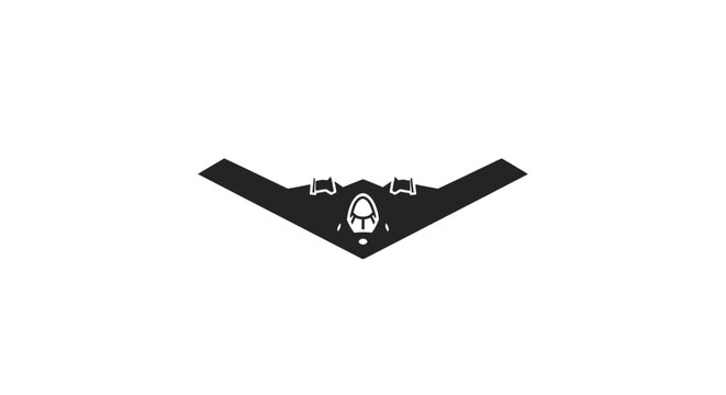 Stealth Bomber Silhouette Icon, Dark Black Flying Wing Aircraft on White Background