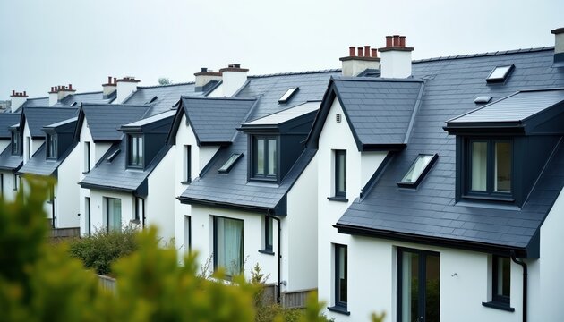 Row of modern white houses with dark slate roofs, dormer windows. Contemporary homes feature geometric patterns, clean lines in suburban setting. Architects, builders use this exterior design.
