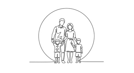 Obraz premium Minimalist family portrait, one-line drawing, parents with two children, circle background
