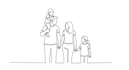 Continuous line drawing of a happy family with two children, parents holding hands, son on shoulders