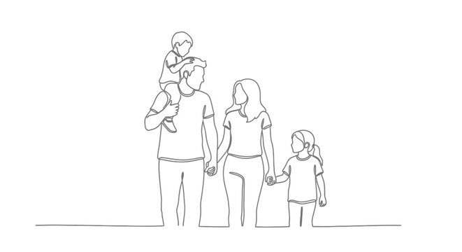 Continuous line drawing of a happy family with two children, parents holding hands, son on shoulders