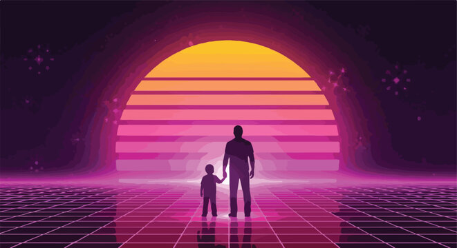 Father and Son Silhouette. Synthwave Style. Retro Digital Landscape. Neon Horizon Art.