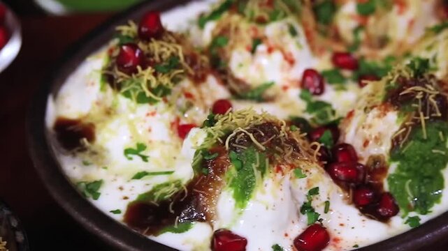 Dahi Bhalla chaat topped with yogurt, chutney, sev and pomegranate creates a refreshing sweet and tangy taste. Perfect for dahi bhalla, chaat, meal and cuisine visuals with authentic style