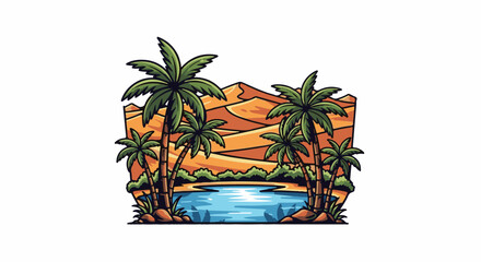 Fototapeta premium Oasis with palm trees and sand dunes in a desert landscape