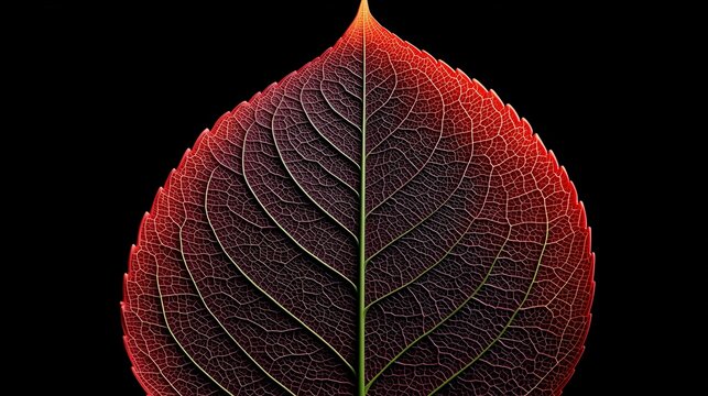 Feuille d'automne rouge translucide r&eacute;v&eacute;lant sa structure complexe
