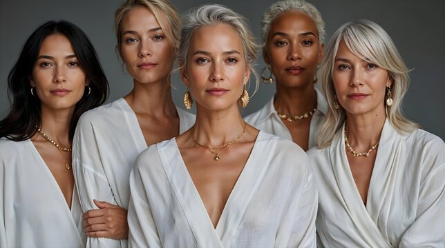 Groupe de cinq femmes &eacute;l&eacute;gantes en chemisiers blancs avec bijoux dor&eacute;s