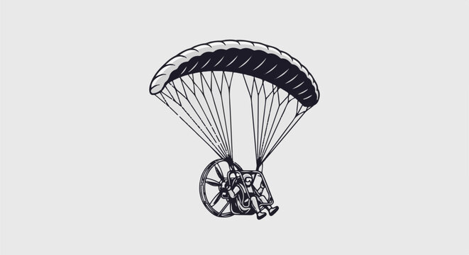 Minimalist line art depicts a powered paraglider with a fan