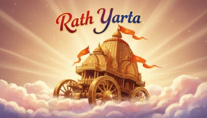 Fototapeta premium Rath Yatra festival illustration, golden temple chariot on divine clouds, sacred Hindu pilgrimage celebration with sunburst background