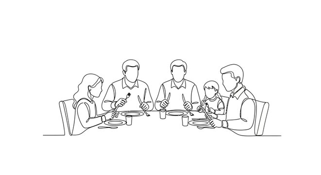 Family Dinner Line Art: Diverse Generations Share Meal Around Table