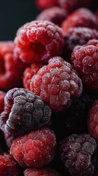 Framboises rouges et violettes couvertes de givre dans un gros plan