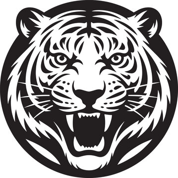 Bold stencil-style vector graphic of a roaring tiger face with wild animal and black and white icon set