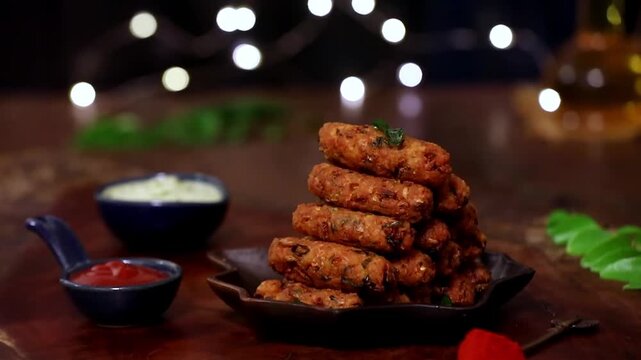Rice Cutlet Rolls served crispy as fried rice croquettes in closeup. Perfect cutlet, snack and appetizer visuals with crunchy texture and authentic presentation.