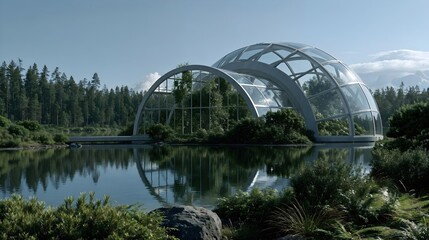 Fototapeta premium Structure futuriste transparente intégrée dans un paysage naturel