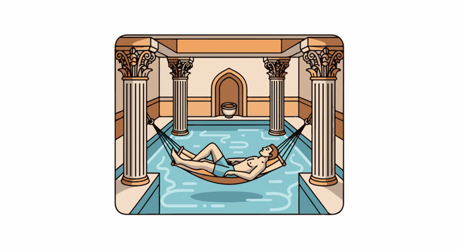 Man relaxing in a hammock over a pool in an ancient-style room with columns