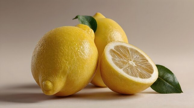 Citrons frais avec feuilles vertes dont un coup&eacute; en deux sur fond beige