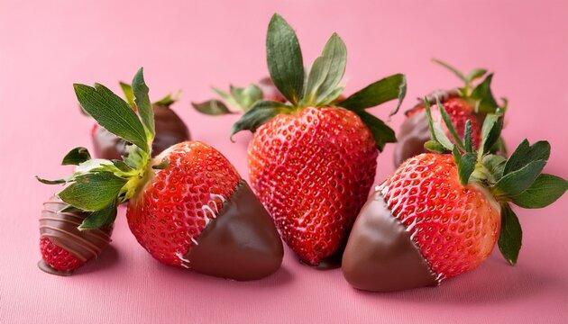 fresh strawberries covered chocolate on pink background